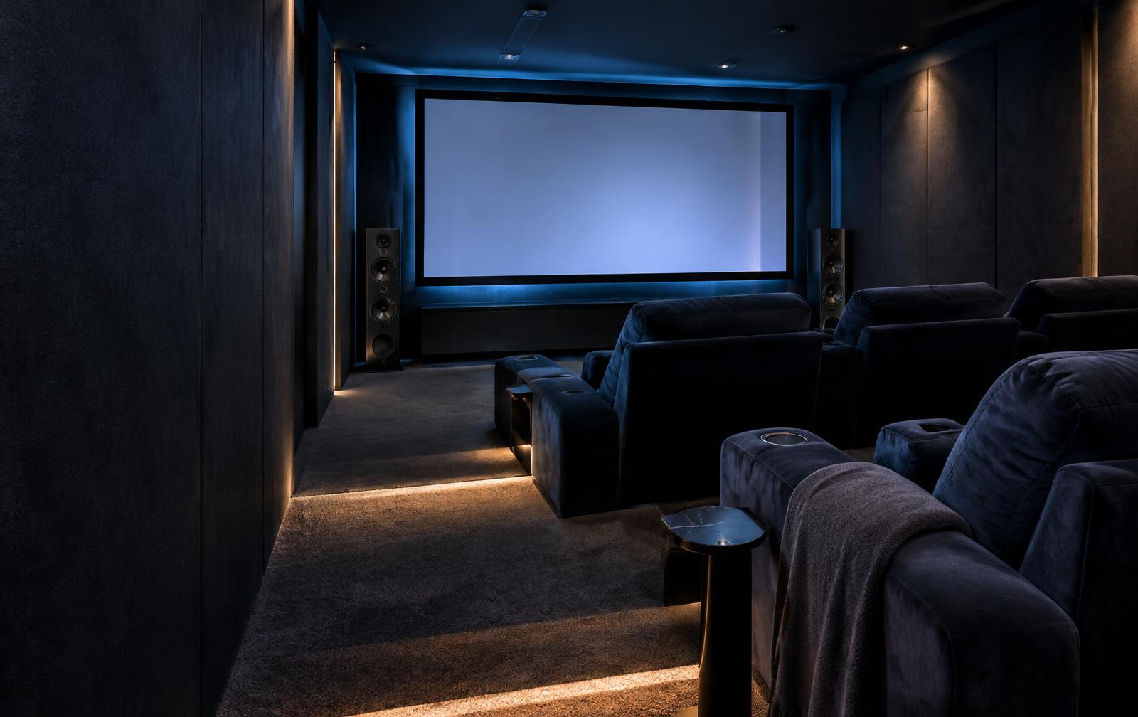 Illustrative image: dark home cinema room with screen, speakers and recliners