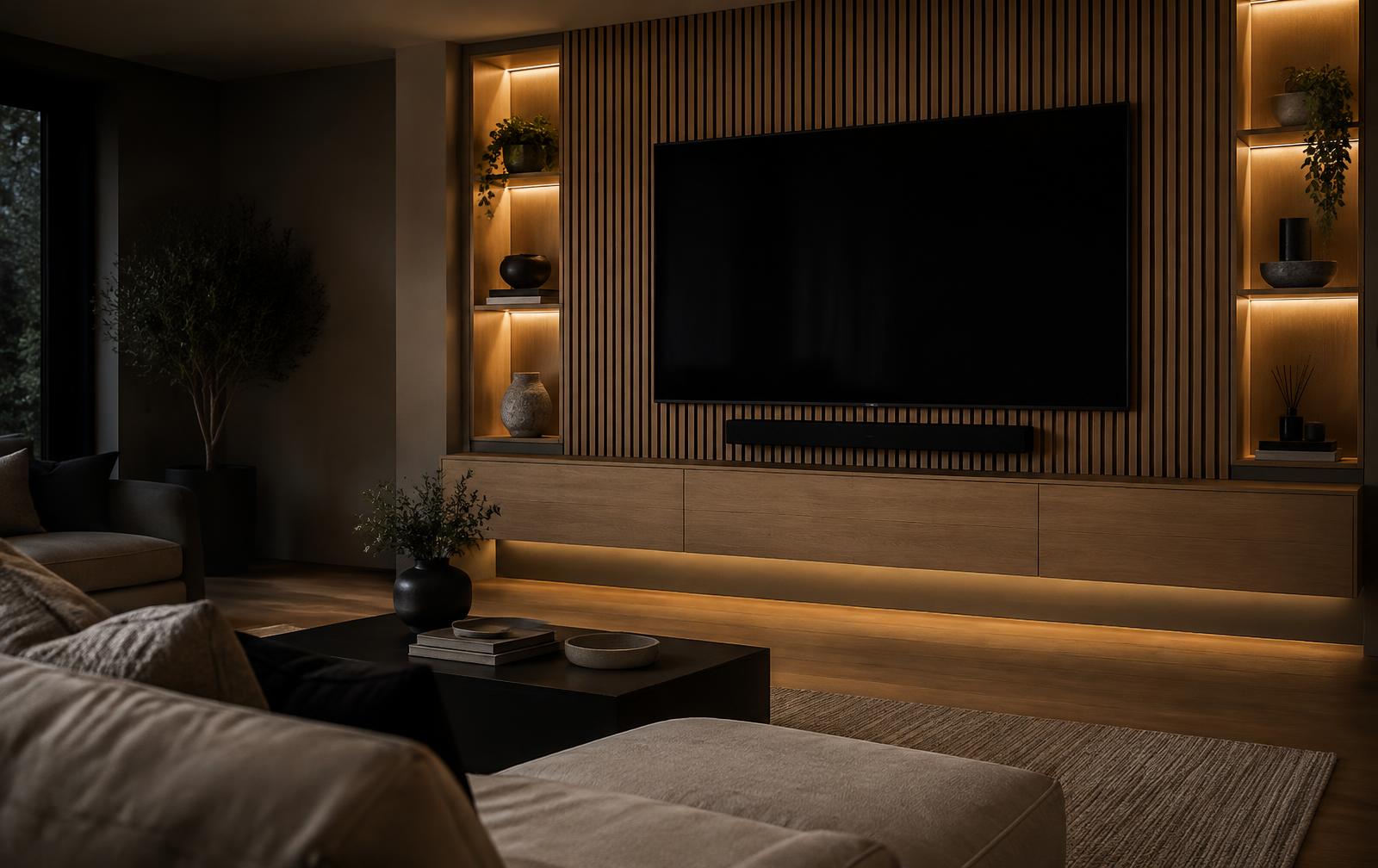Illustrative image: fluted oak media wall with television, soundbar and lit shelving