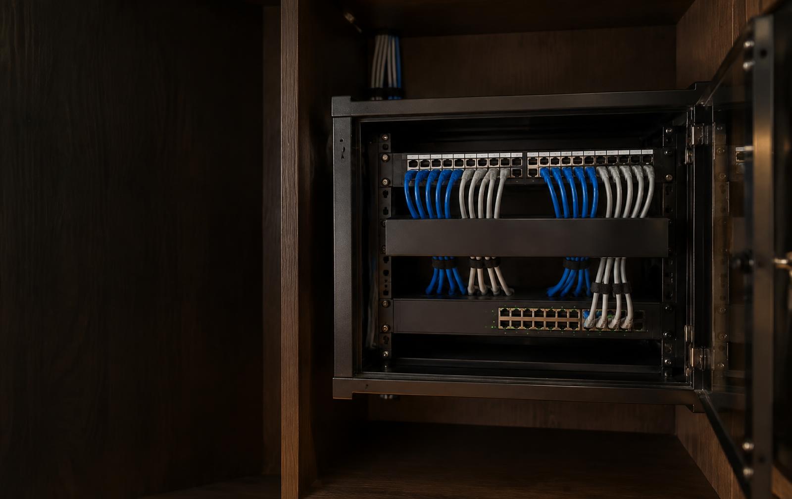 Illustrative image: tidy network rack with organised cabling in a joinery cupboard