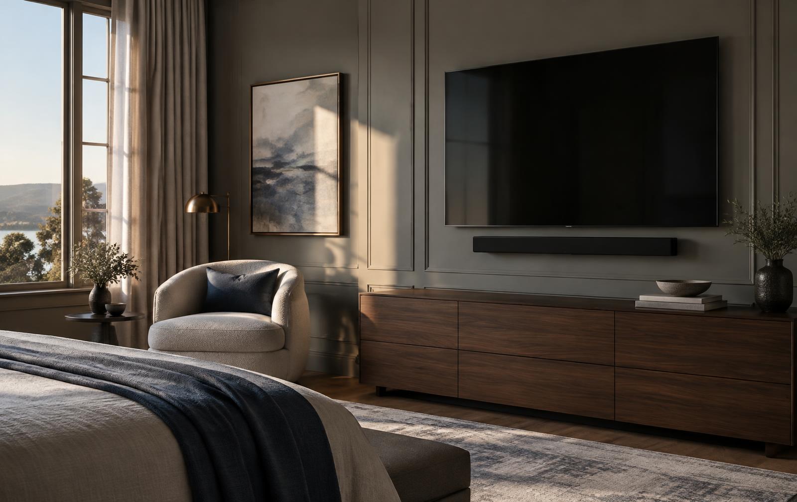 Illustrative image: wall-mounted television and soundbar in a panelled room